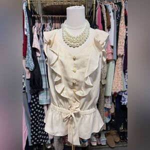 Loft Cream Ruffle Sleeveless Blouse Peplum Tie Waist